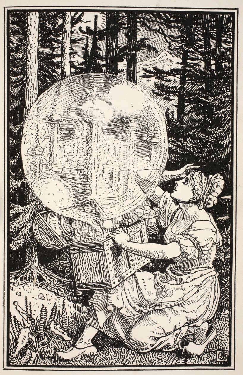 De lá saiu uma cúpula de vidro como uma bolha de sabão, erguendo-se no ar, ilustração do "Folk and Fairy Tales" de Mrs. Burton Harrison, 1885 de Walter Crane