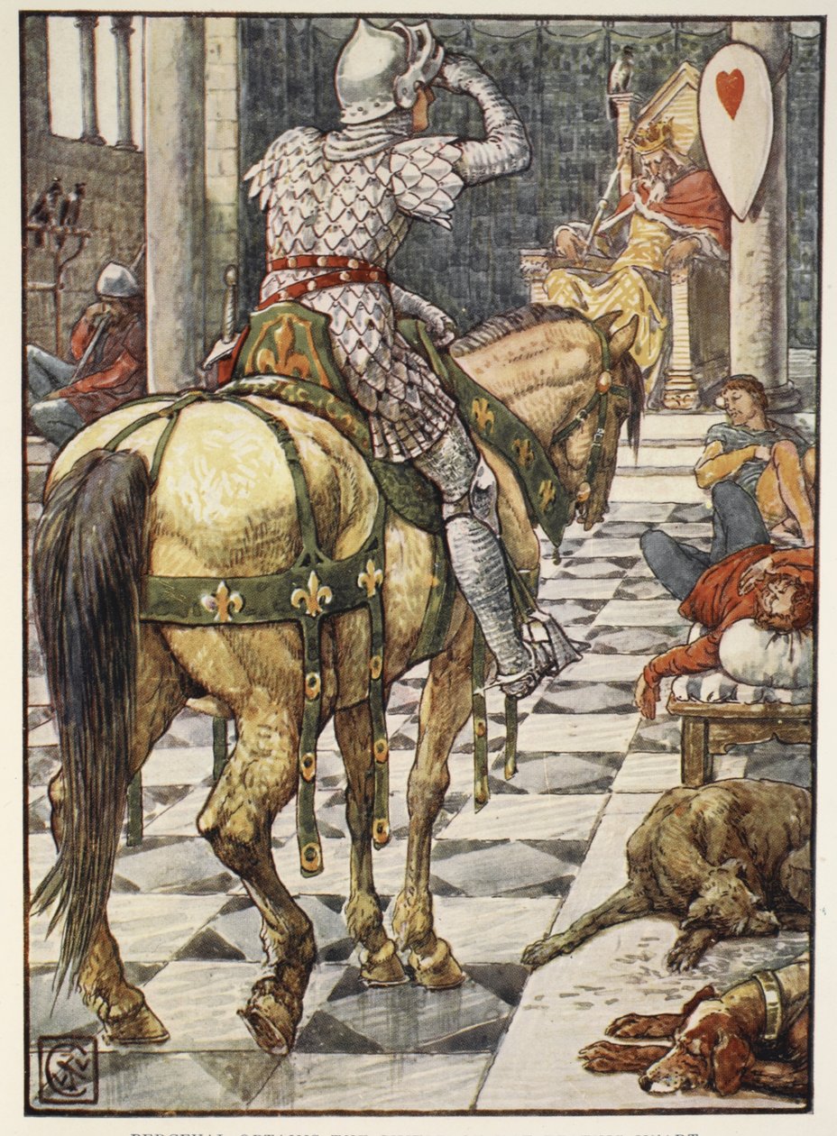 Percival Obtém o Escudo do Coração Batendo, de &39;Histórias dos Cavaleiros da Távola Redonda&39; de Henry Gilbert, primeira edição, 1911 de Walter Crane