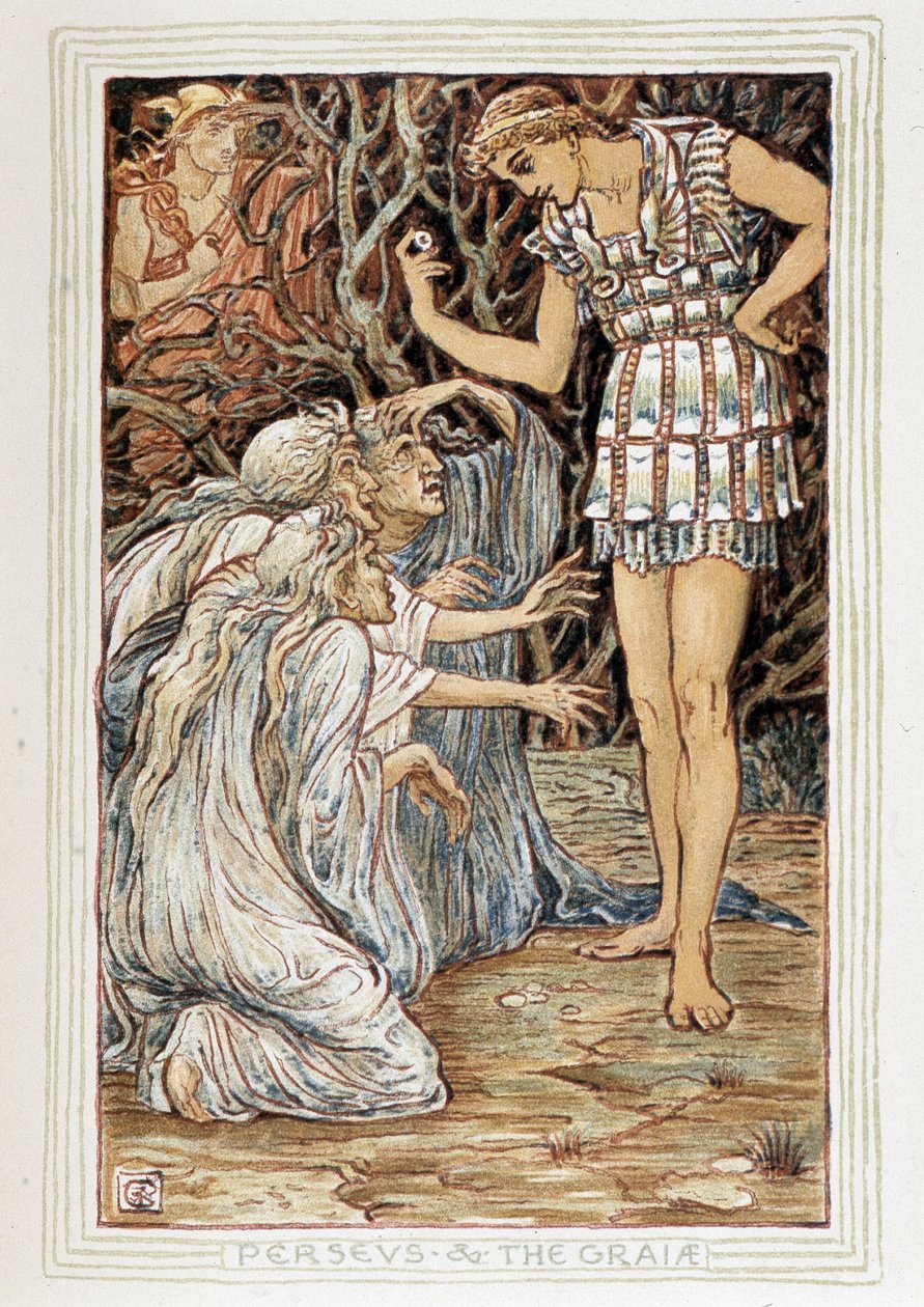 Persee and the Graia (Beotie, Grécia) - Ele conhece três mulheres idosas (bruxas?) - em "A wonder book for girls and boys" de Walter Crane (1845-1915) de Walter Crane