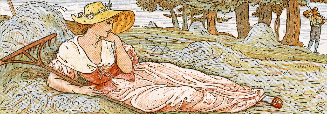 &39;Phillis no New Made Hay&39;, ilustração da música de &39;Pan-Pipes&39;, um livro de canções antigas, recentemente arranjado e com acompanhamentos por Theo. Marzials, publicado em Londres por George Routledge und Sons, 1884 ( de Walter Crane