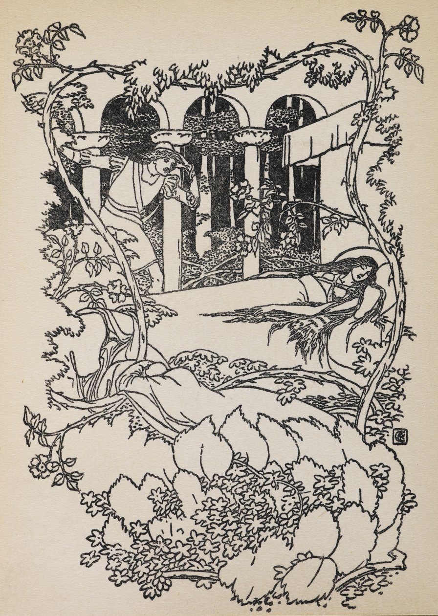 O Príncipe Encantado encontra a Bela Adormecida adormecida num edifício coberto de espinhos. de Walter Crane