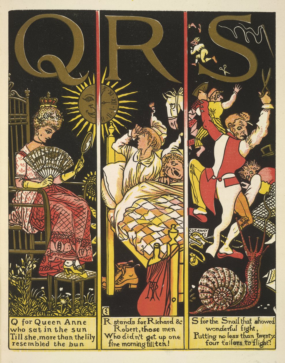 QRS- Q para a Rainha Ana; R para Richard & Robert; e S para o caracol de Walter Crane