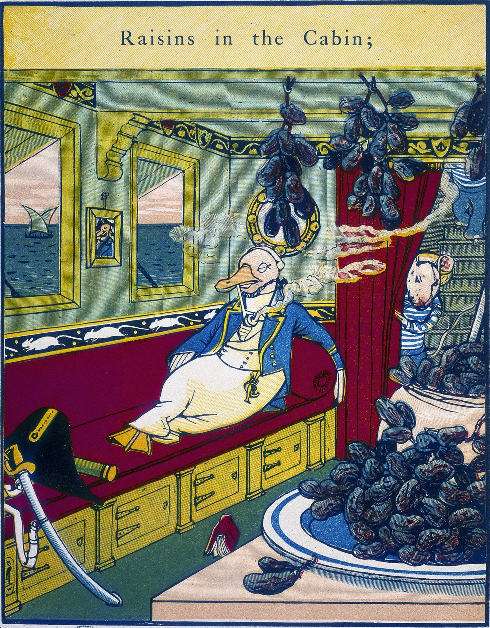 "Uvas na Cabana", cena numa cabine de barco com um cacho de uvas em primeiro plano - no "Routledge