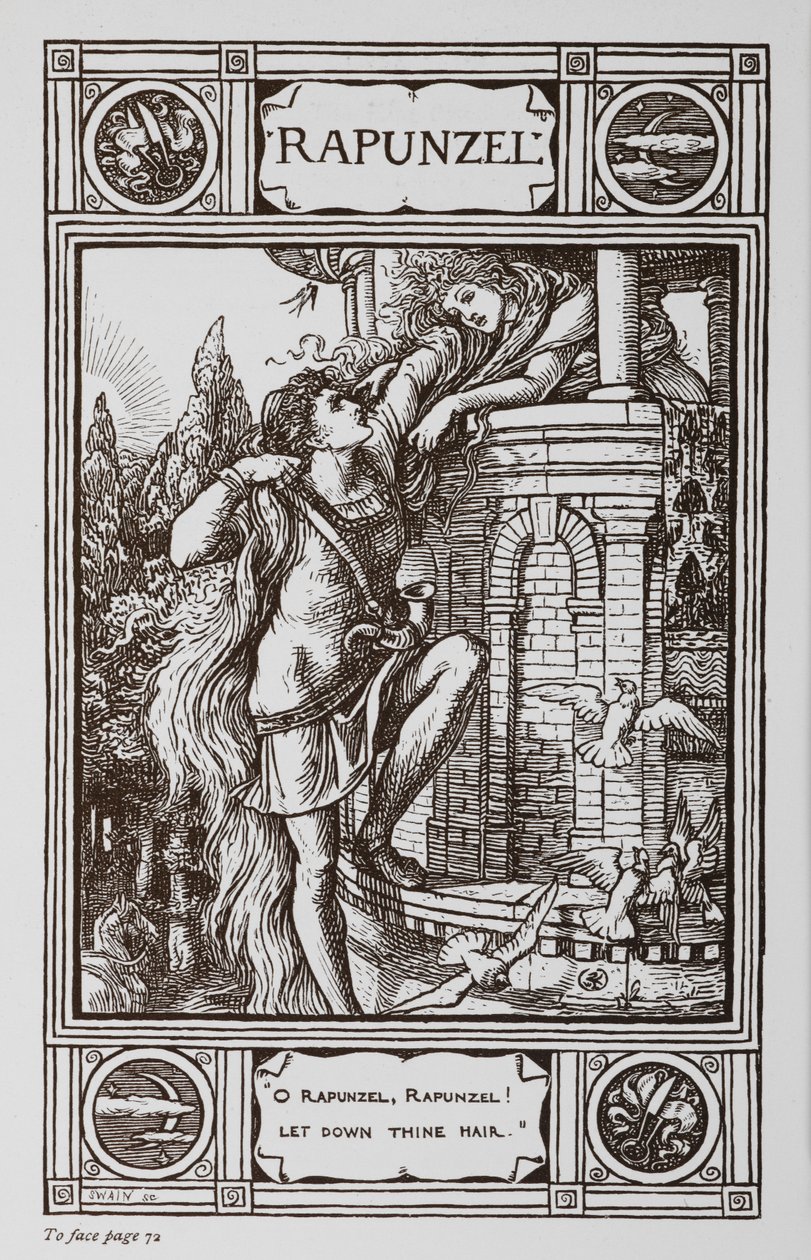 Rapunzel inclina-se para fora da janela de uma torre enquanto um príncipe sobe o seu cabelo. de Walter Crane