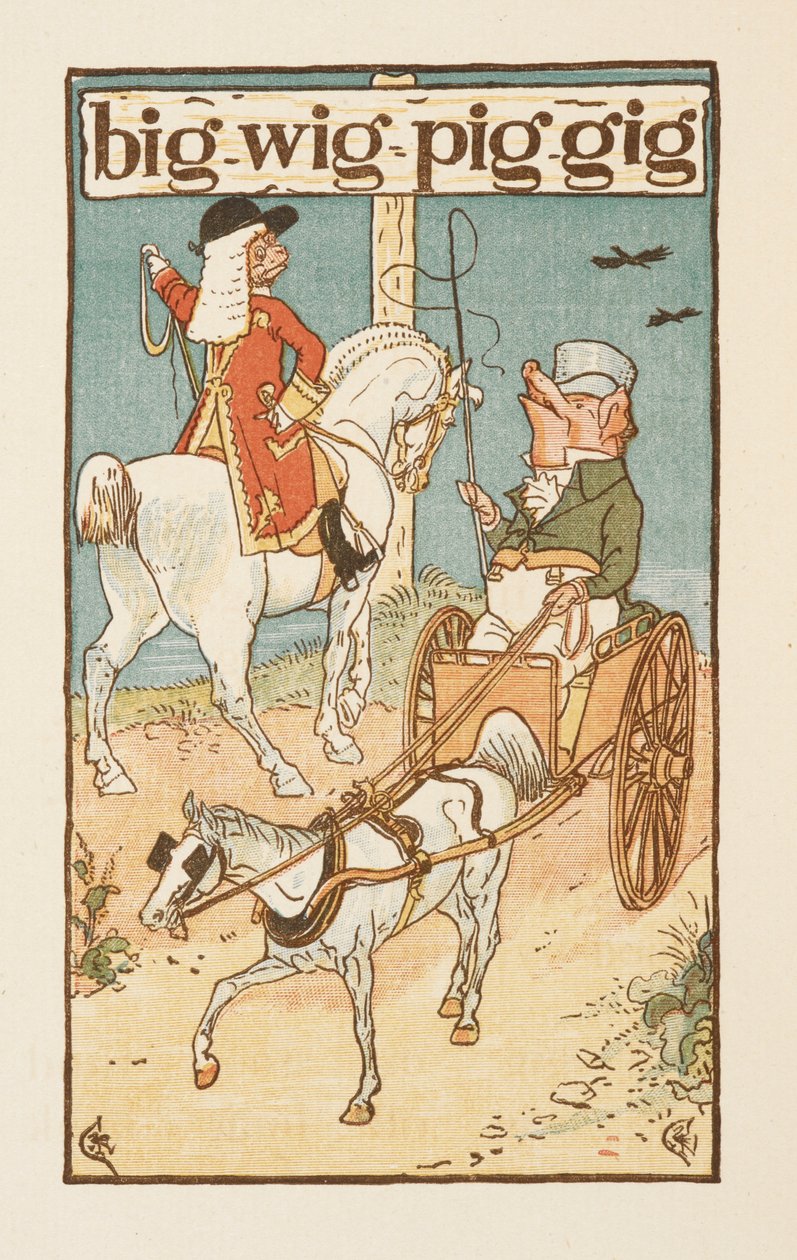 Palavras rimadas terminadas na letra G. Uma ilustração mostrando um porco a montar um cavalo, e outro drving uma carroça. A cartilha dourada. de Walter Crane