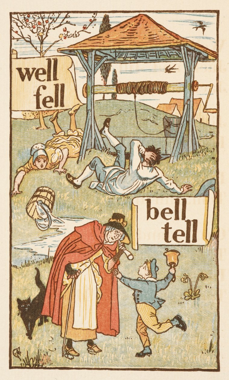 Palavras rimadas que terminam na letra L. Um rapaz com um sino. Uma mulher idosa e o seu gato. A cartilha dourada. de Walter Crane