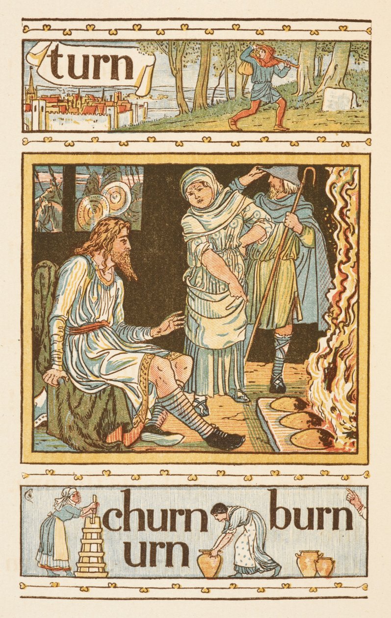 Palavras rimadas terminadas na letra N. Uma ilustração, mostrando
possivelmente, o Rei Alfred e os bolos em chamas. A cartilha dourada. de Walter Crane