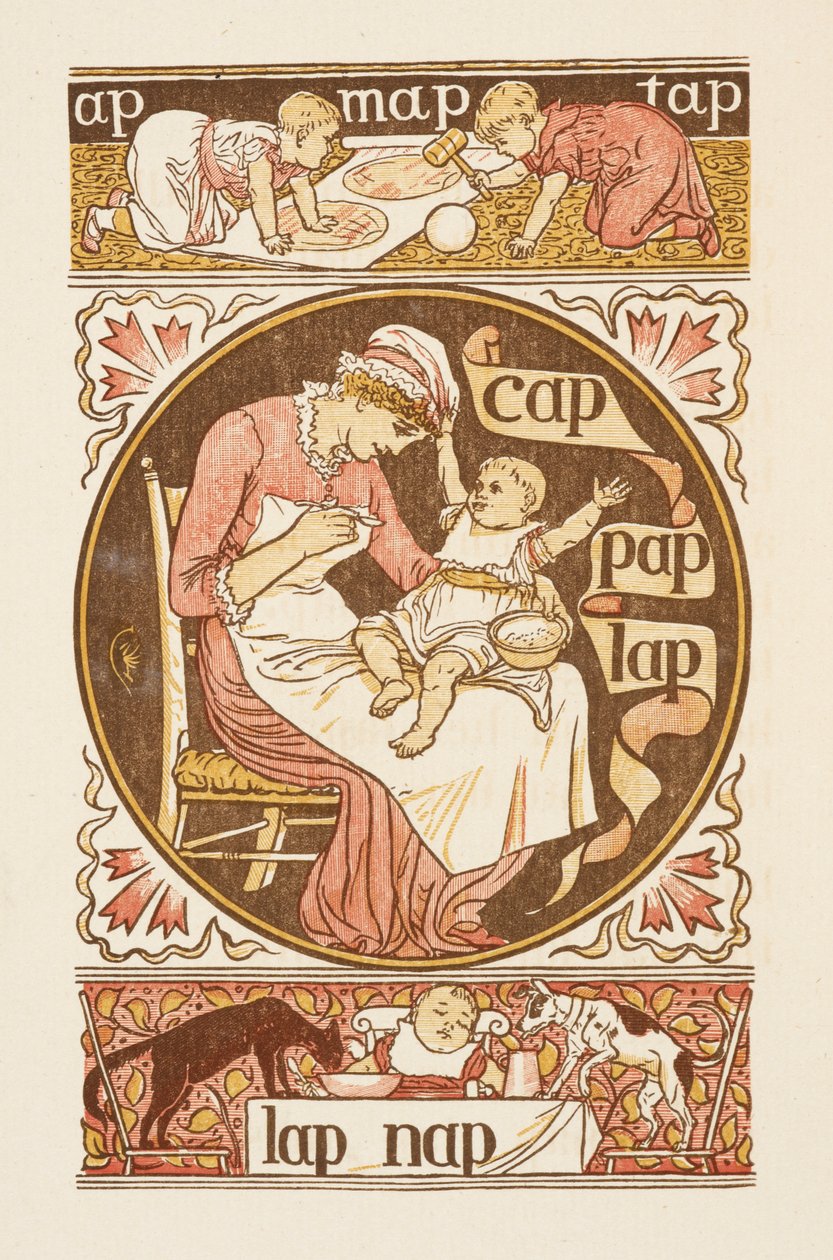 Palavras rimadas terminadas na letra P. Uma ilustração, mostrando uma mulher a alimentar uma criança. A cartilha dourada. de Walter Crane