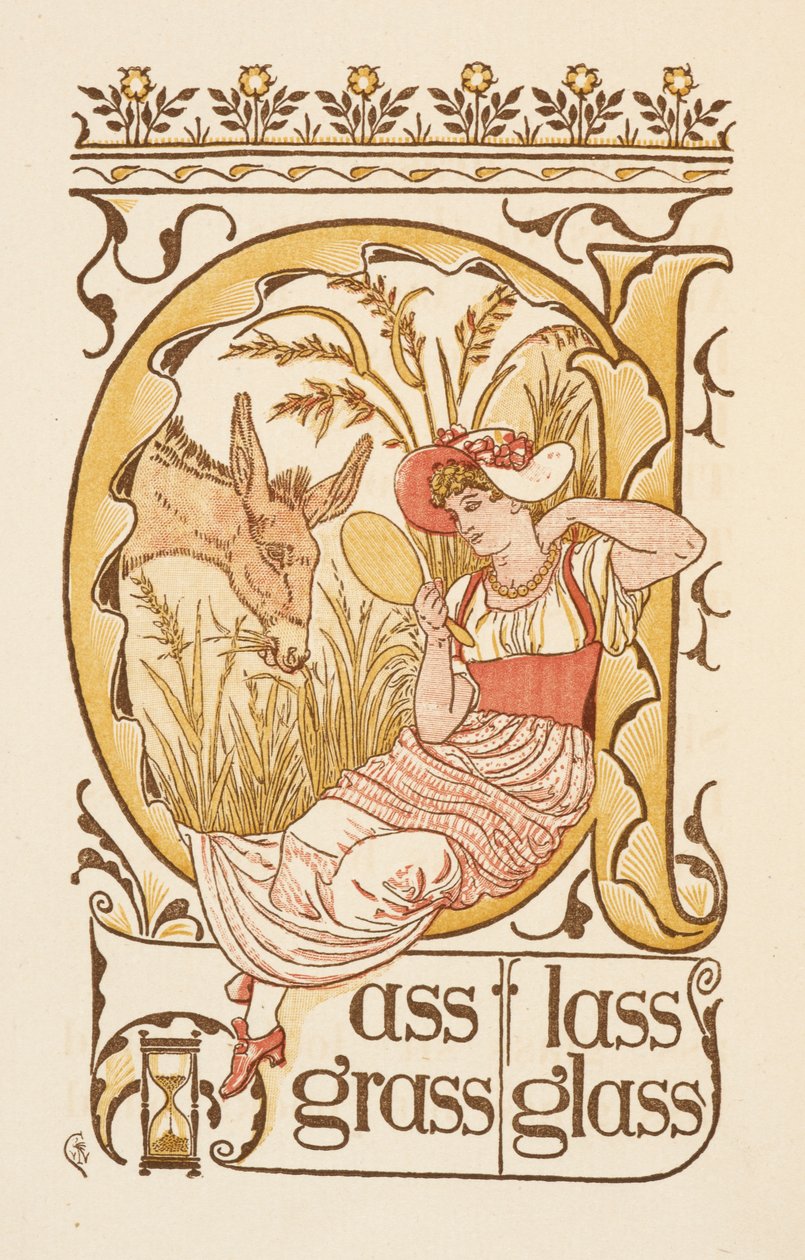 Palavras rimadas terminadas na letra S. Uma mulher segurando um espelho facial. A cartilha dourada. de Walter Crane