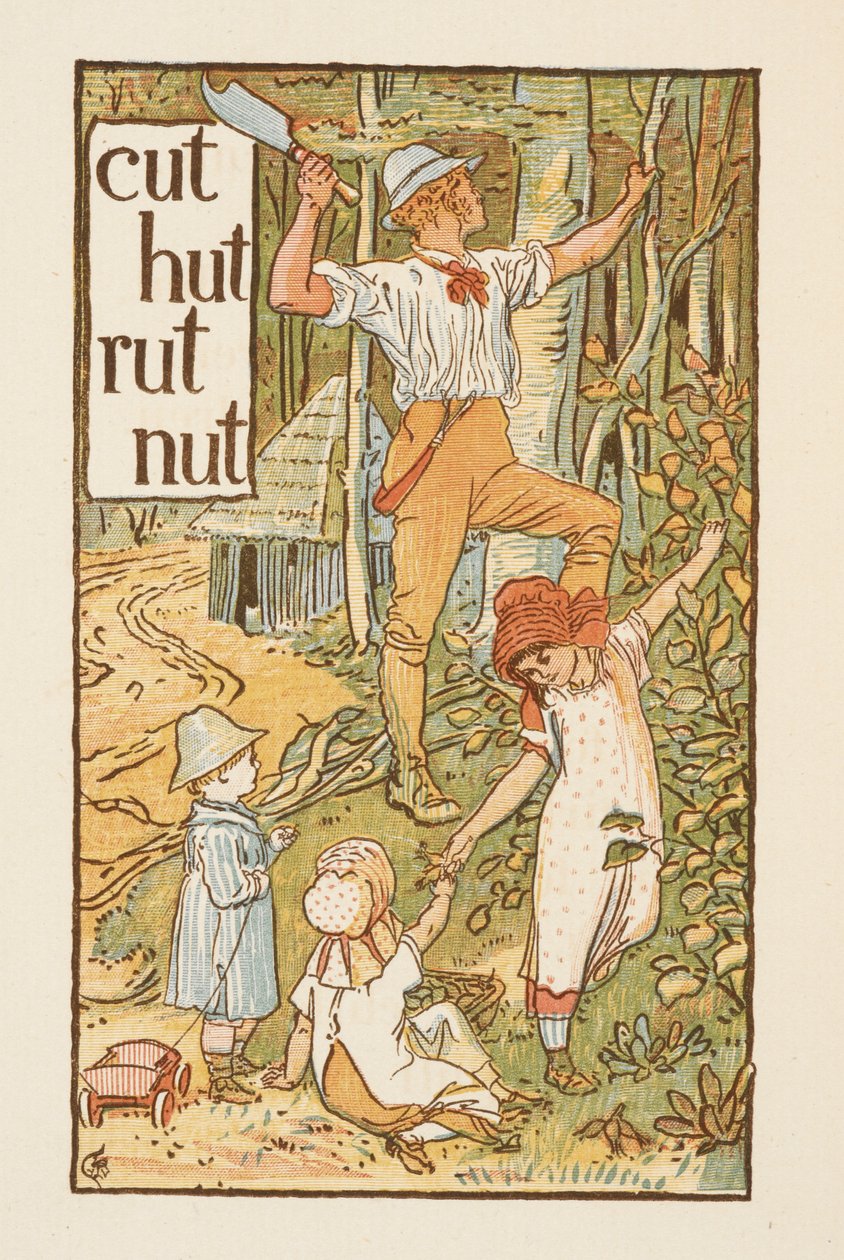 Palavras rimadas terminadas na letra T. Uma ilustração, mostrando um homem a cortar uma árvore. Três crianças estão com ele. A cartilha dourada. de Walter Crane