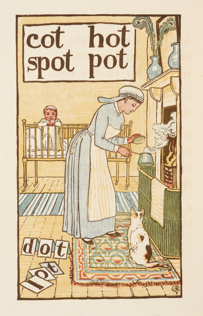 Palavras rimadas terminadas na letra T. Uma ilustração, mostrando uma enfermeira a ferver um pote para uma criança doente. O primário dourado. de Walter Crane