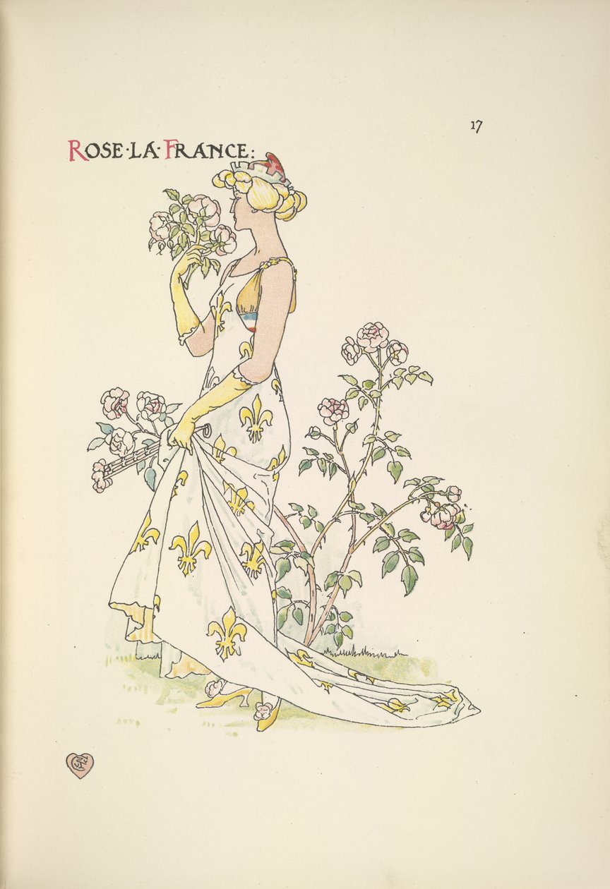 Rose La France. Uma jovem mulher a cheirar um ramo de flores de Walter Crane