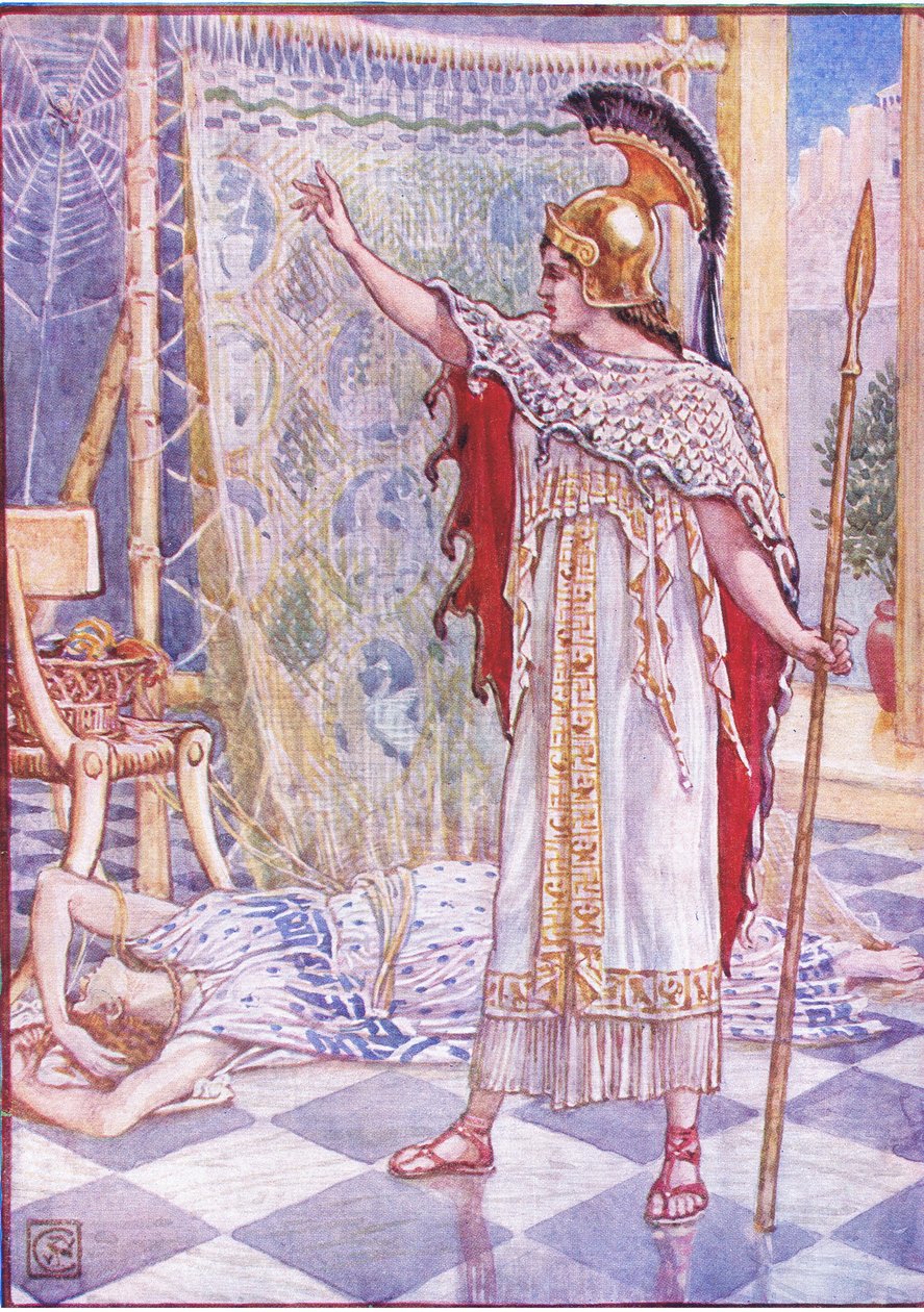 Ela transformou-a em uma aranha, ilustração da história da Grécia, década de 1930 de Walter Crane