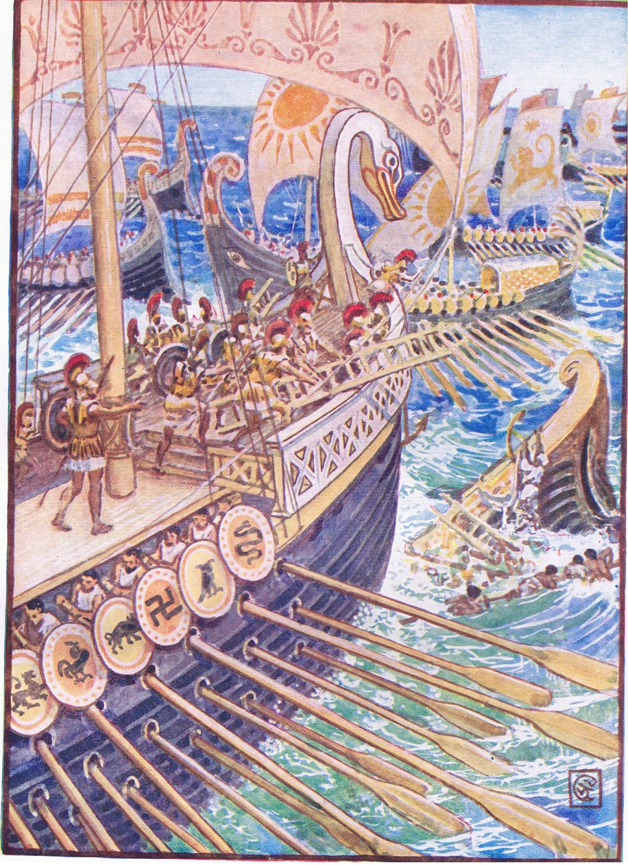 Navio precipitou-se contra o navio, até que os mortos persas espalharam as profundezas como flores, ilustração da História da Grécia, década de 1930 de Walter Crane