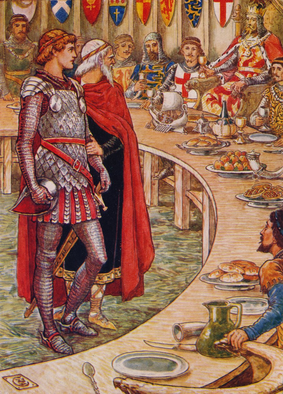Sir Galahad é levado à corte do rei Arthur, 1911. de Walter Crane