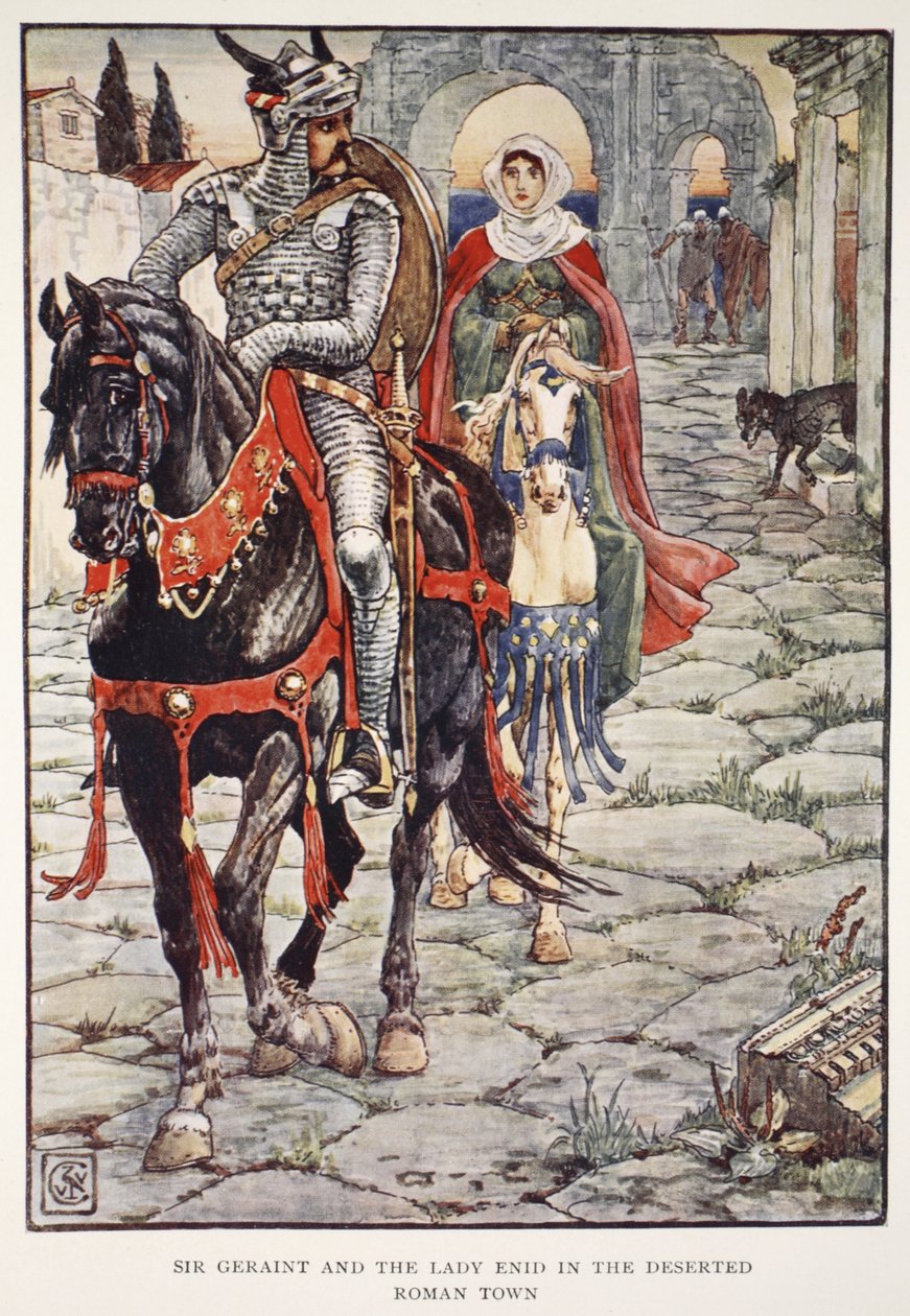 Sir Geraint e Lady Enid na Cidade Romana Deserta, de &39;Histórias dos Cavaleiros da Távola Redonda&39; de Henry Gilbert, primeira edição, 1911 de Walter Crane
