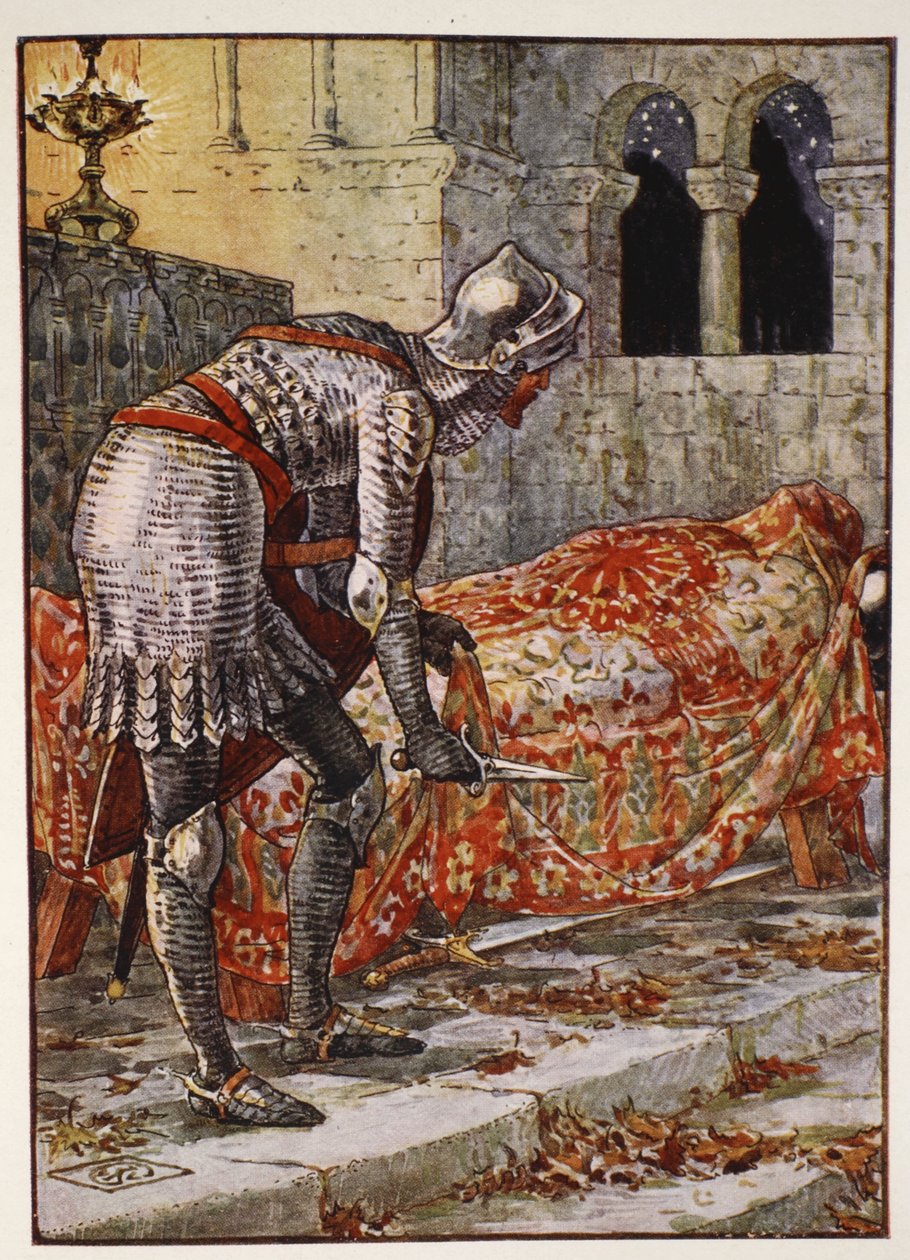 Sir Lancelot na Chapel Perilous, de "Histórias dos Cavaleiros da Távola Redonda" de Henry Gilbert, primeira edição, 1911 de Walter Crane