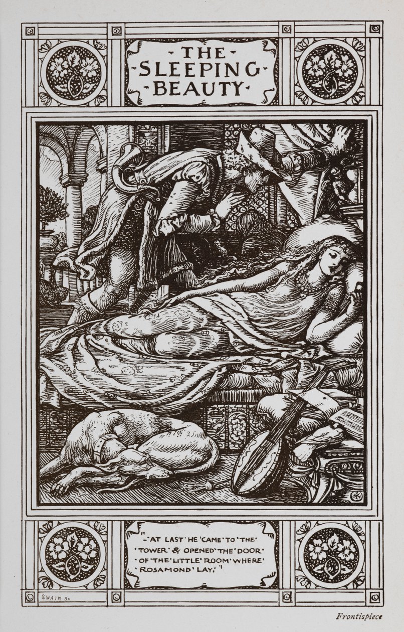 A Bela Adormecida está a dormir rodeada por um cão adormecido e um instrumento musical enquanto o Príncipe Encantado vela por ela. de Walter Crane