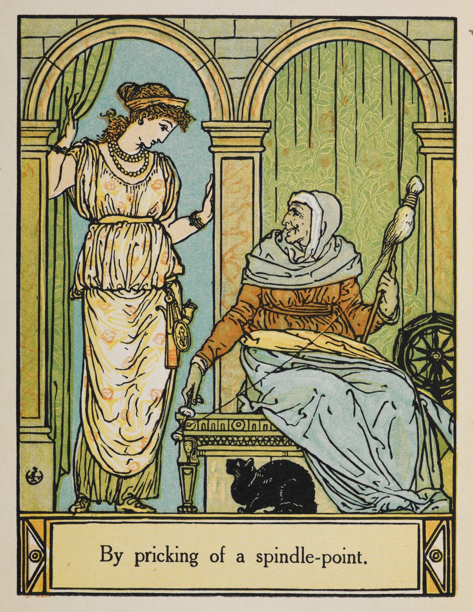 A Bela Adormecida fica ao lado de uma mulher idosa com uma roda e um fio. Um gato preto senta-se por baixo. de Walter Crane