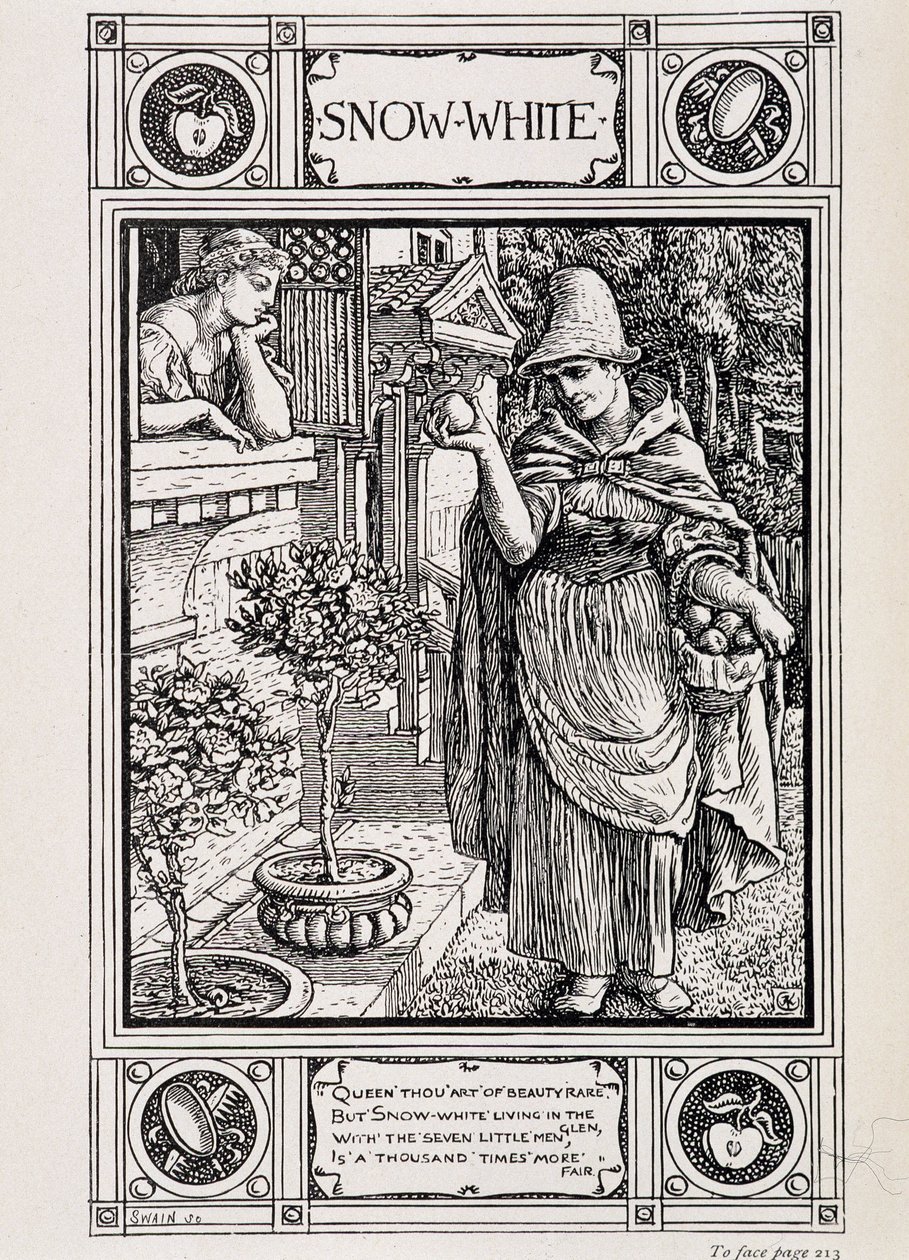 Branca de Neve e a bruxa que cuida da sua maçã - em "Household Stories from the collection of the Bros Grimm", traduzido do alemão por Lucy Crane, London mac millan & Co ltd de Walter Crane