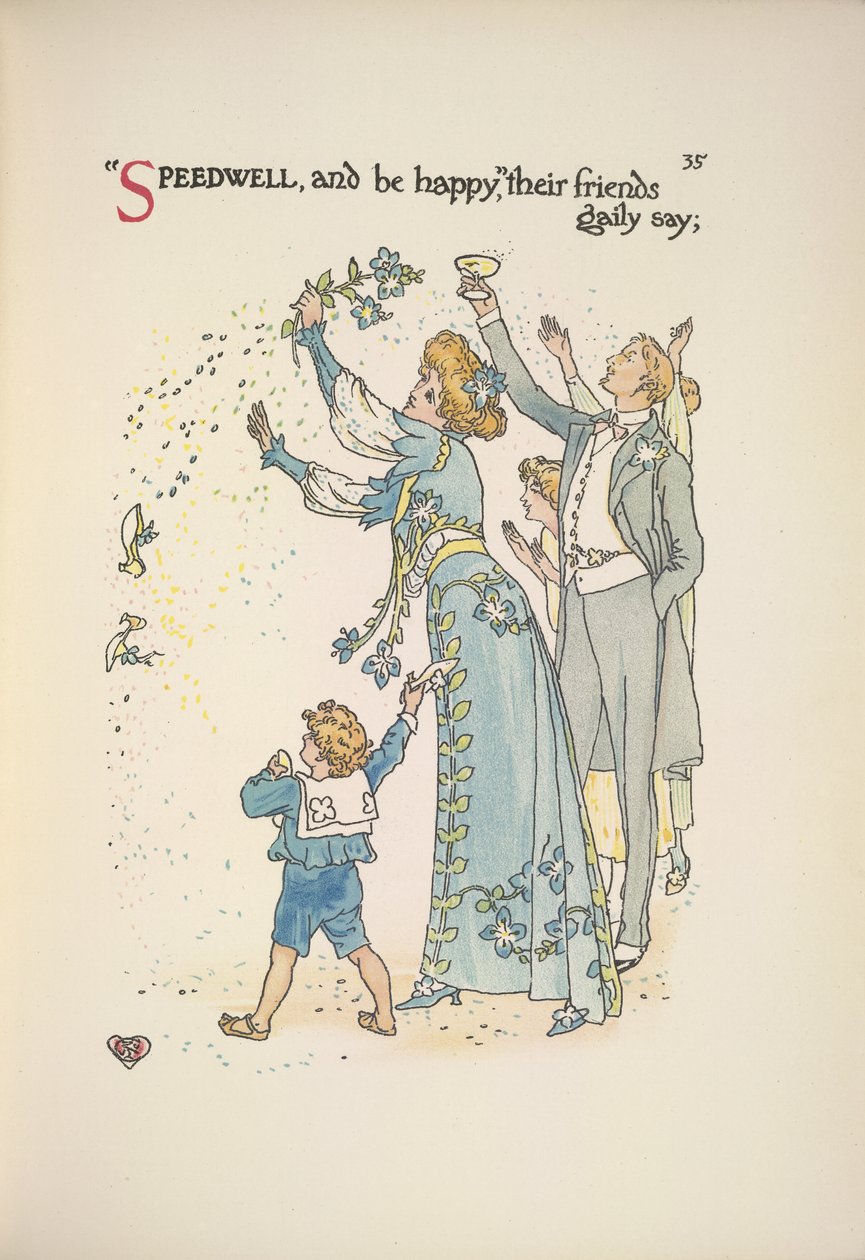 Speedwell. Os convidados do casamento a atirar confete de Walter Crane