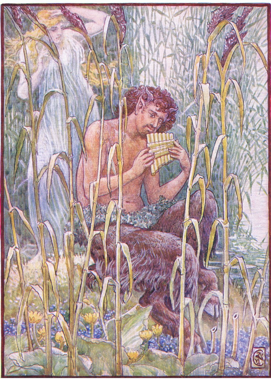 Doce, doce penetrante foi a música do cachimbo do Pan, ilustração de "The Story of Greece". de Walter Crane