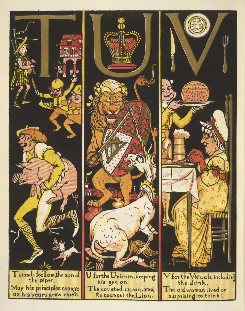 TUV- T significa Tom, o filho de um flautista; U para o unicórnio; e V para o alimento de Walter Crane