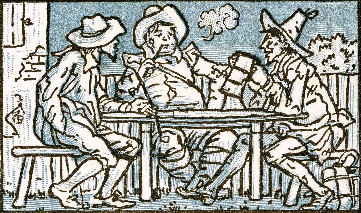 The Happy Poor, ilustração da música de &39;Who Liveth So Merry em toda essa terra&39;, de &39;Pan-Pipes&39;, Um livro de canções antigas, recém-arranjado e com acompanhamentos de Theo. Marzials, publicado em Londres por G de Walter Crane