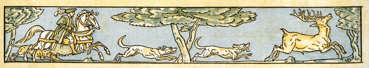 &39;The Hunt is Up e é quase todo o dia e Harry, o nosso Rei, foi embora à caça&39;, ilustração de Canção de &39;Pan-Pipes&39;, Um Livro de Canções Antigas, Recentemente Arranjado e com Acompanhamentos de Theo. Marzials, publishe de Walter Crane