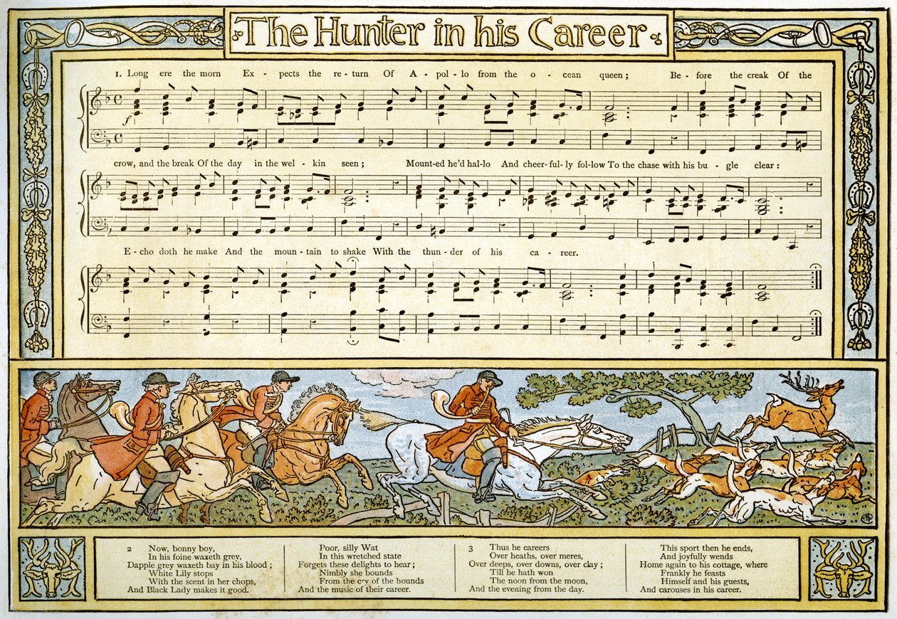 "O caçador em sua carreira", ilustração da canção de "Pan-Pipes", um livro de canções velhas, recentemente arranjado e com acompanhamentos por Theo. Marzials, publicado em Londres por George Routledge und Sons, 1884 (col de Walter Crane