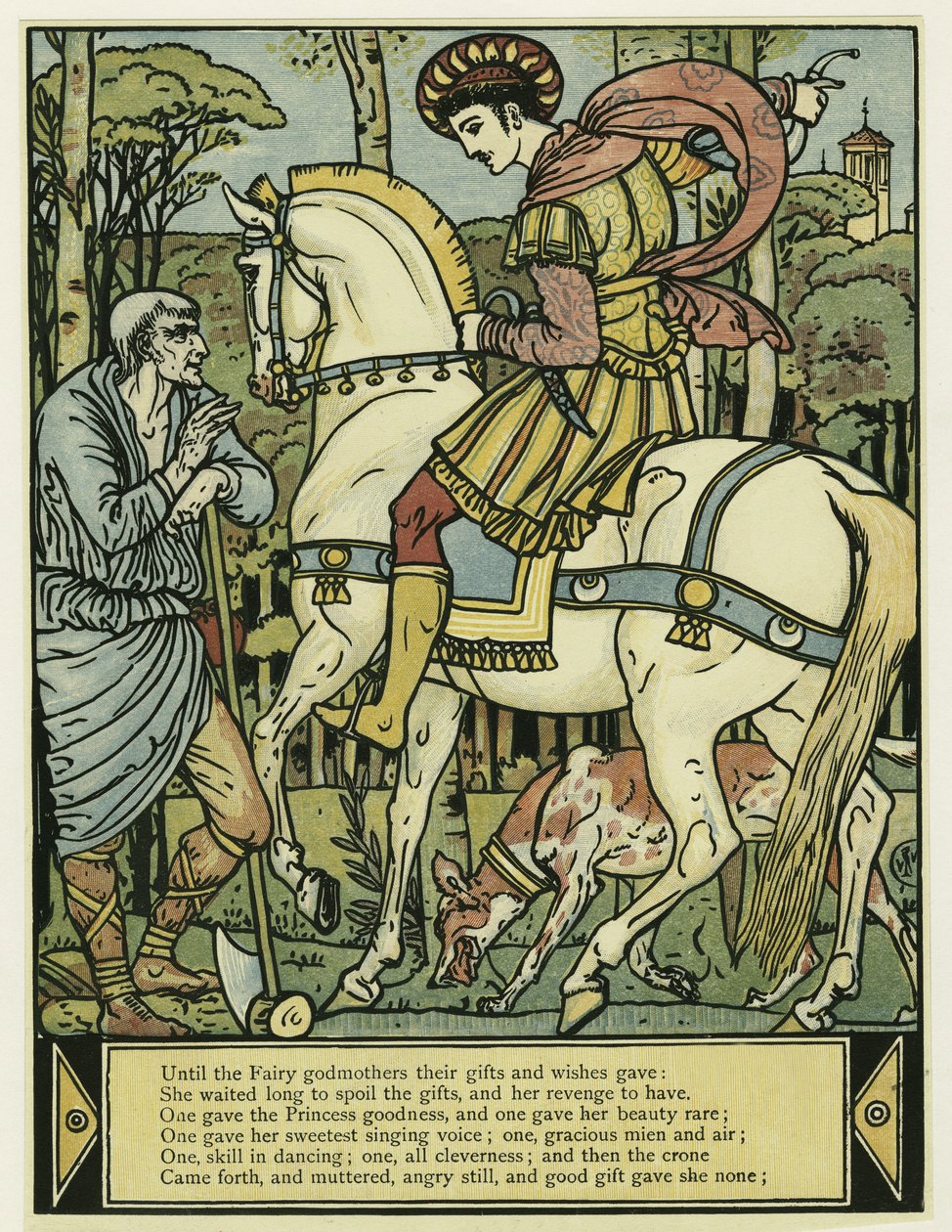 O Príncipe pede direcções, do The Blue Beard Picture Book, pub. 1879 (cor litho) de Walter Crane