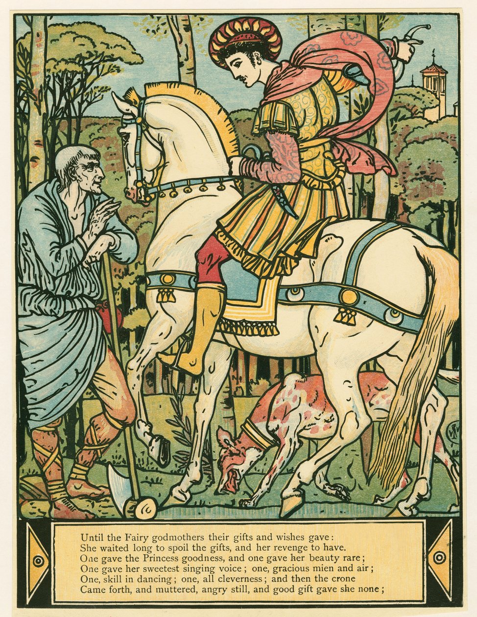 O príncipe pede direções, do livro The Blue Beard Picture Book, pub. Litografia colorida de 1879, 1879. de Walter Crane