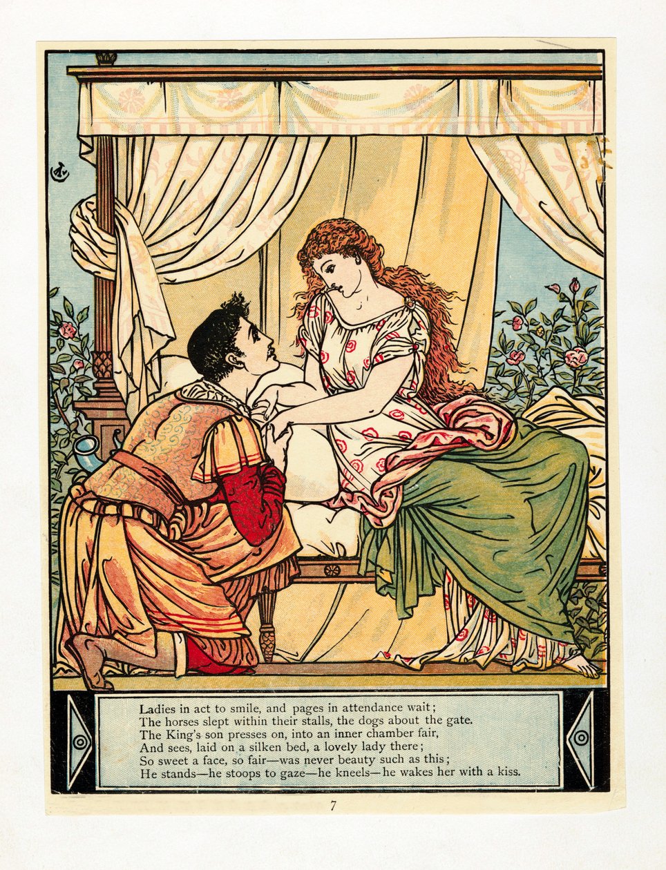 O príncipe acorda Bela, do livro The Blue Beard Picture Book, pub. Litografia colorida de 1879, 1879. de Walter Crane