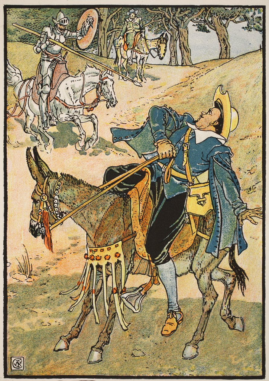 A rica vitória do capacete de Mambrino, ilustração de "Dom Quixote da Mancha" recontada pelo juiz Parry, pub. Blackie und Son Ltd, Londres, 1900 de Walter Crane