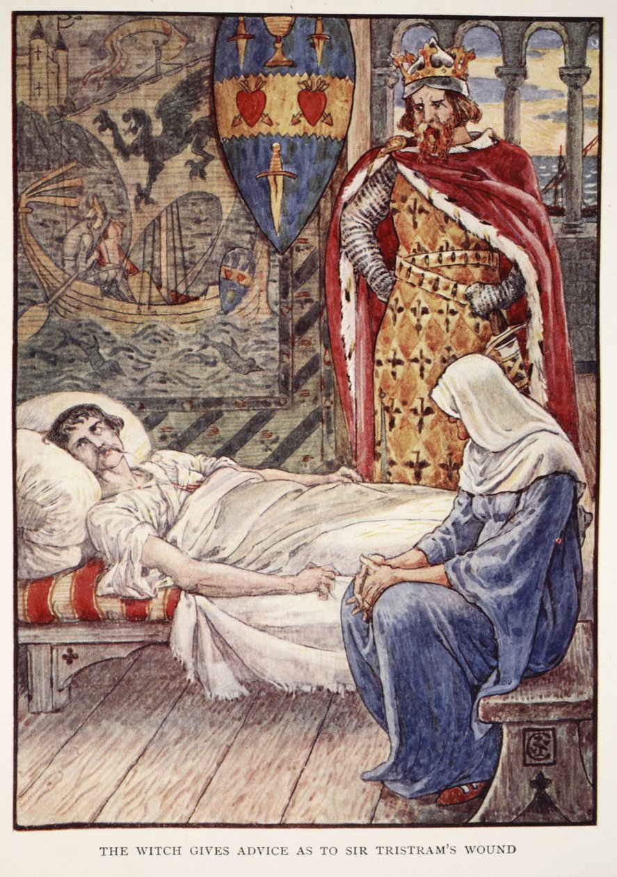 A Bruxa dá Conselhos sobre a Ferida de Sir Tristram, de "Histórias dos Cavaleiros da Távola Redonda" de Henry Gilbert, primeira edição, 1911 de Walter Crane