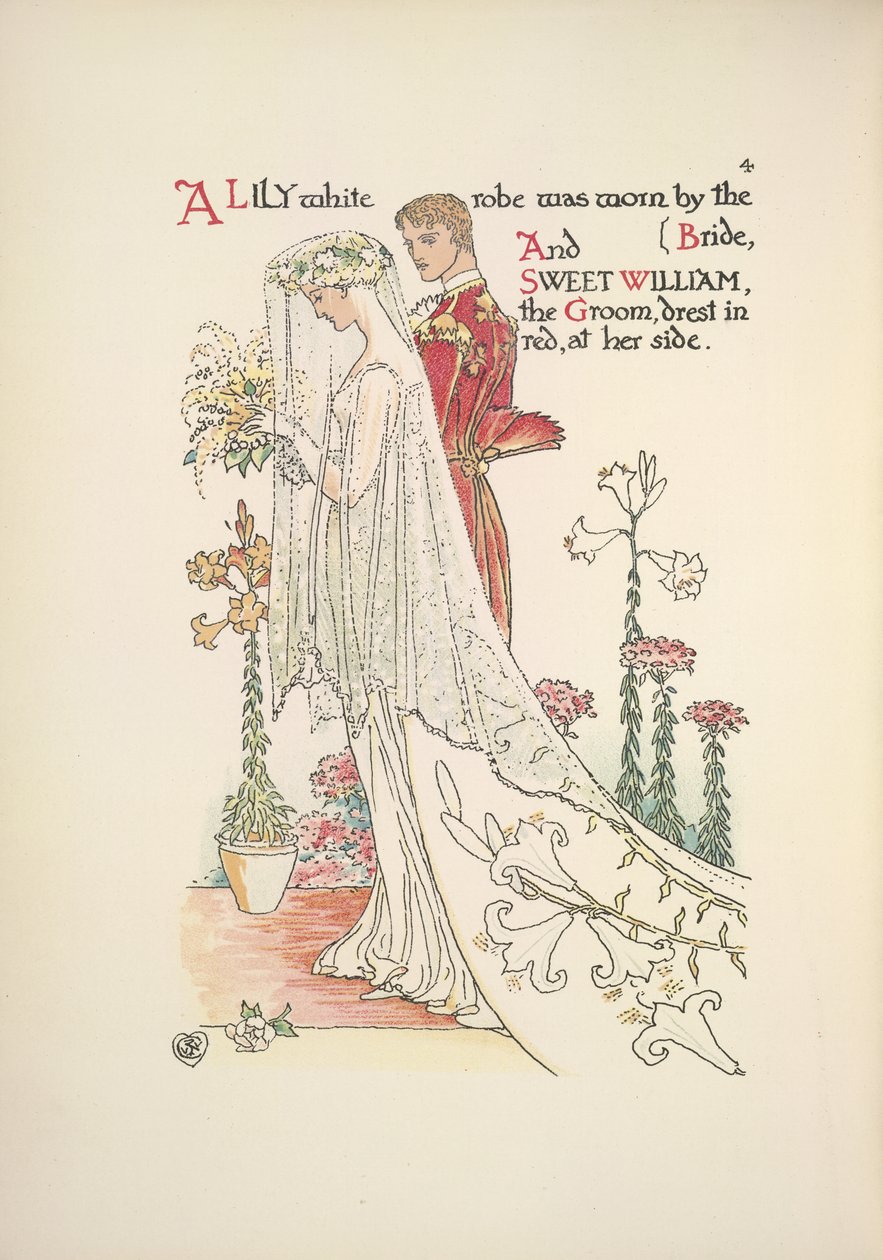A noiva e o noivo. Um roupão branco de lírio usado pela noiva, e o doce William, o noivo, vestidos de vermelho de Walter Crane