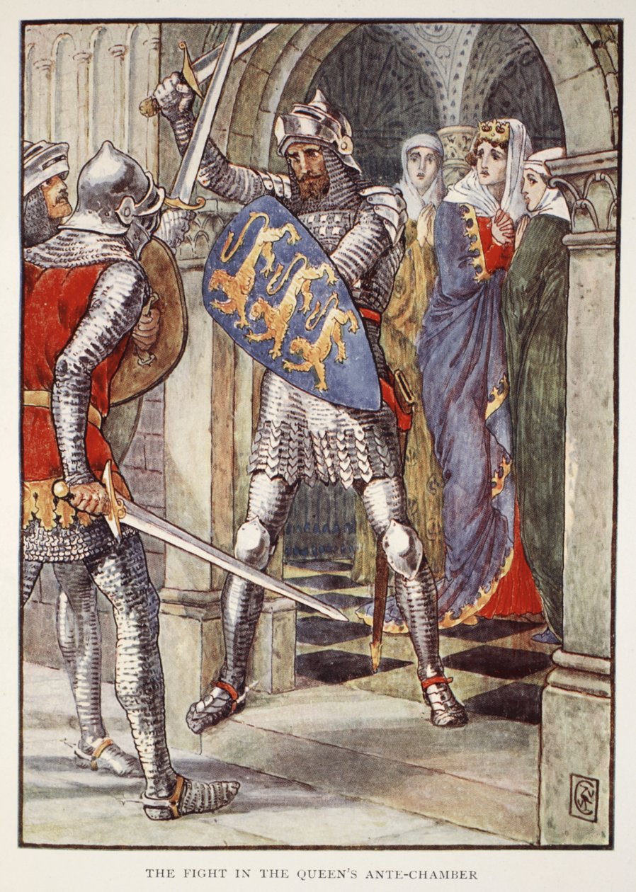 A luta na Câmara Anteira da Rainha, de "Histórias dos Cavaleiros da Távola Redonda" de Henry Gilbert, primeira edição, 1911 de Walter Crane