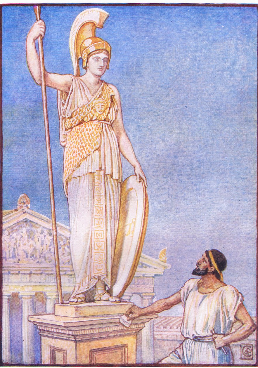 A figura da deusa era colossal, ilustração de A história da Grécia, década de 1930 de Walter Crane