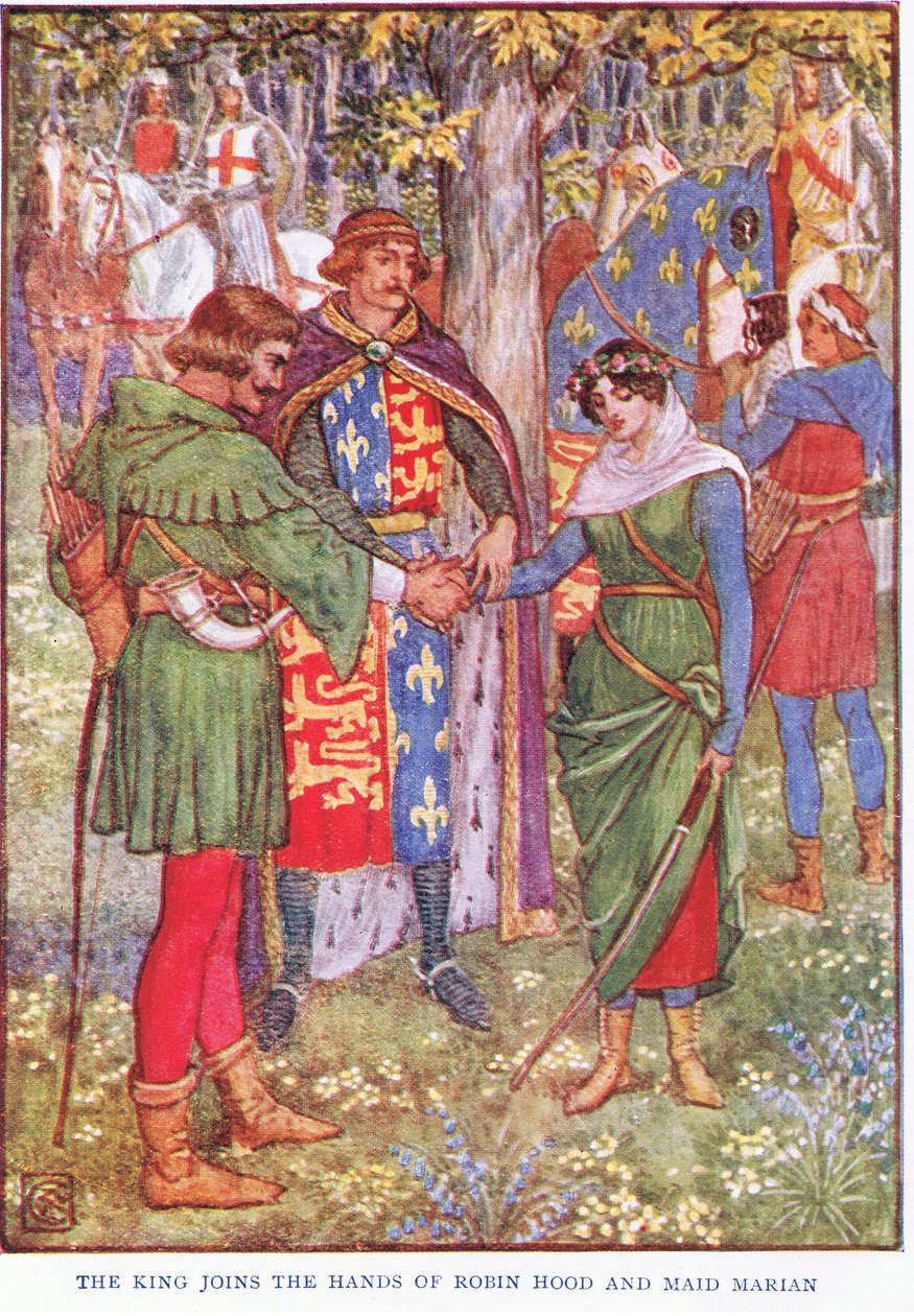O rei se junta às mãos de Robin Hood e Maid Marian, c.1920 de Walter Crane
