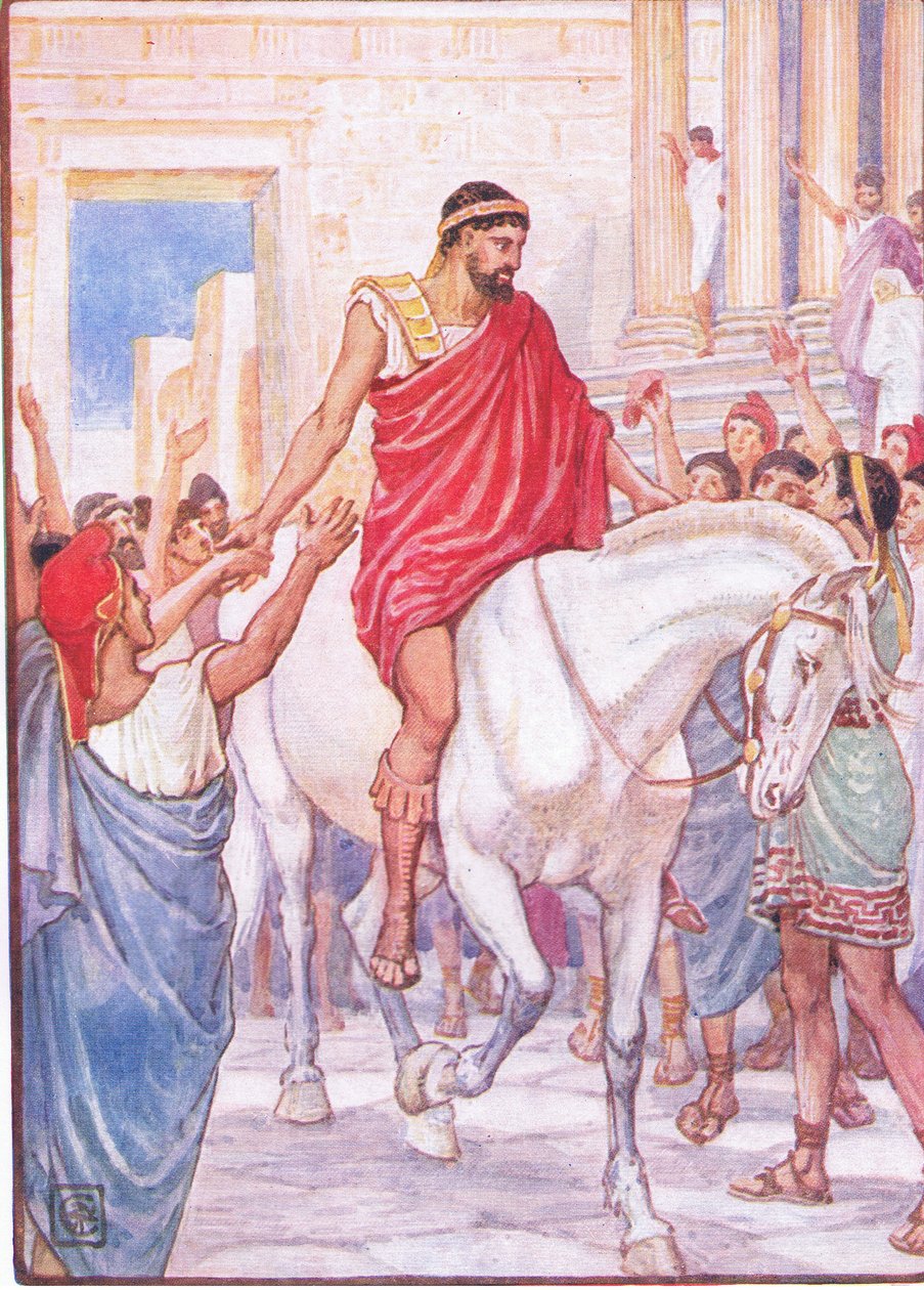 A multidão saudou-o com elogios altos, ilustração da história da Grécia de 1930 de Walter Crane