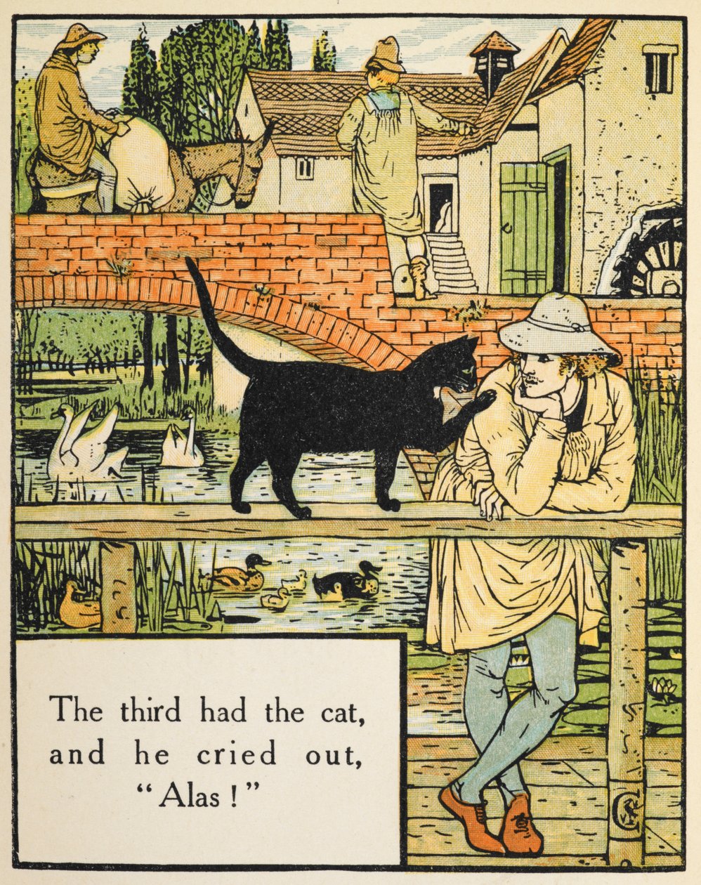 O terceiro tinha o gato, e ele gritou, "infelizmente!
O filho do Miller e o seu gato. de Walter Crane