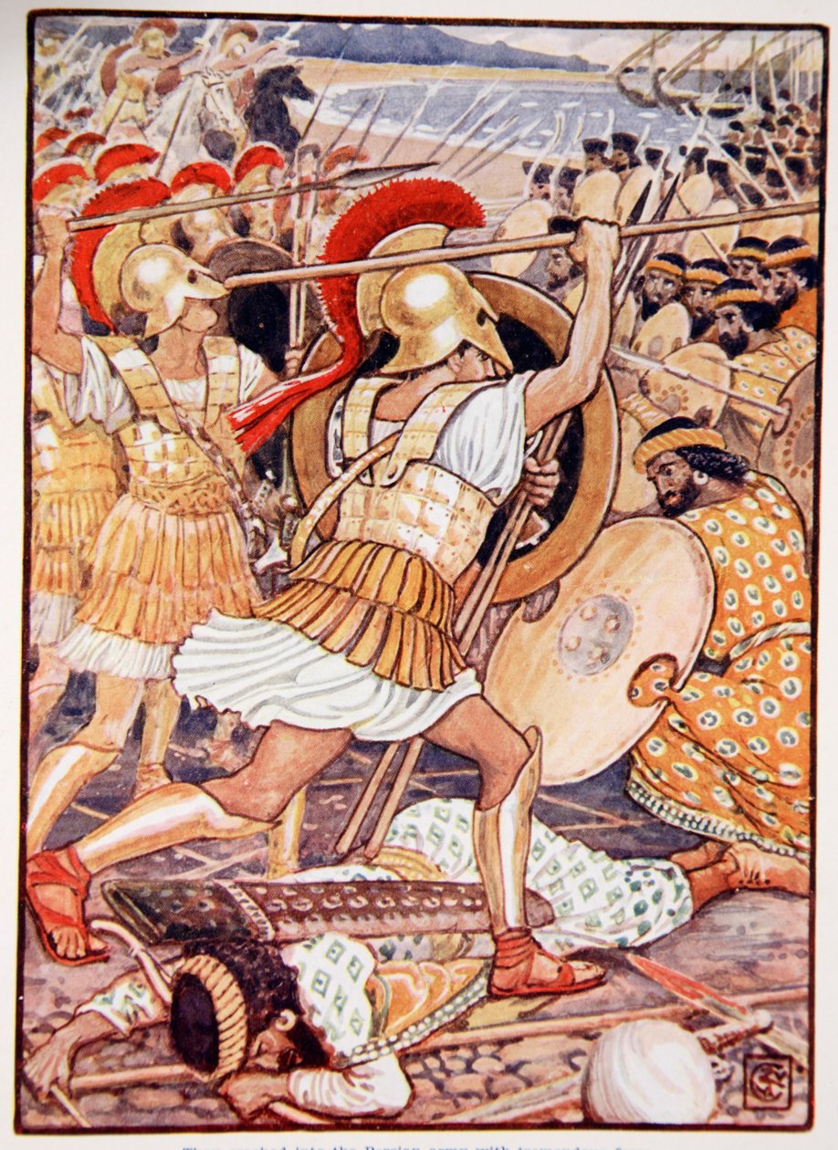 Eles colidiram com o Exército Persa com Força Tremenda, ilustração de "A História da Grécia", de Mary Macgregor, 1a edição, 1913 (impressão colorida) de Walter Crane