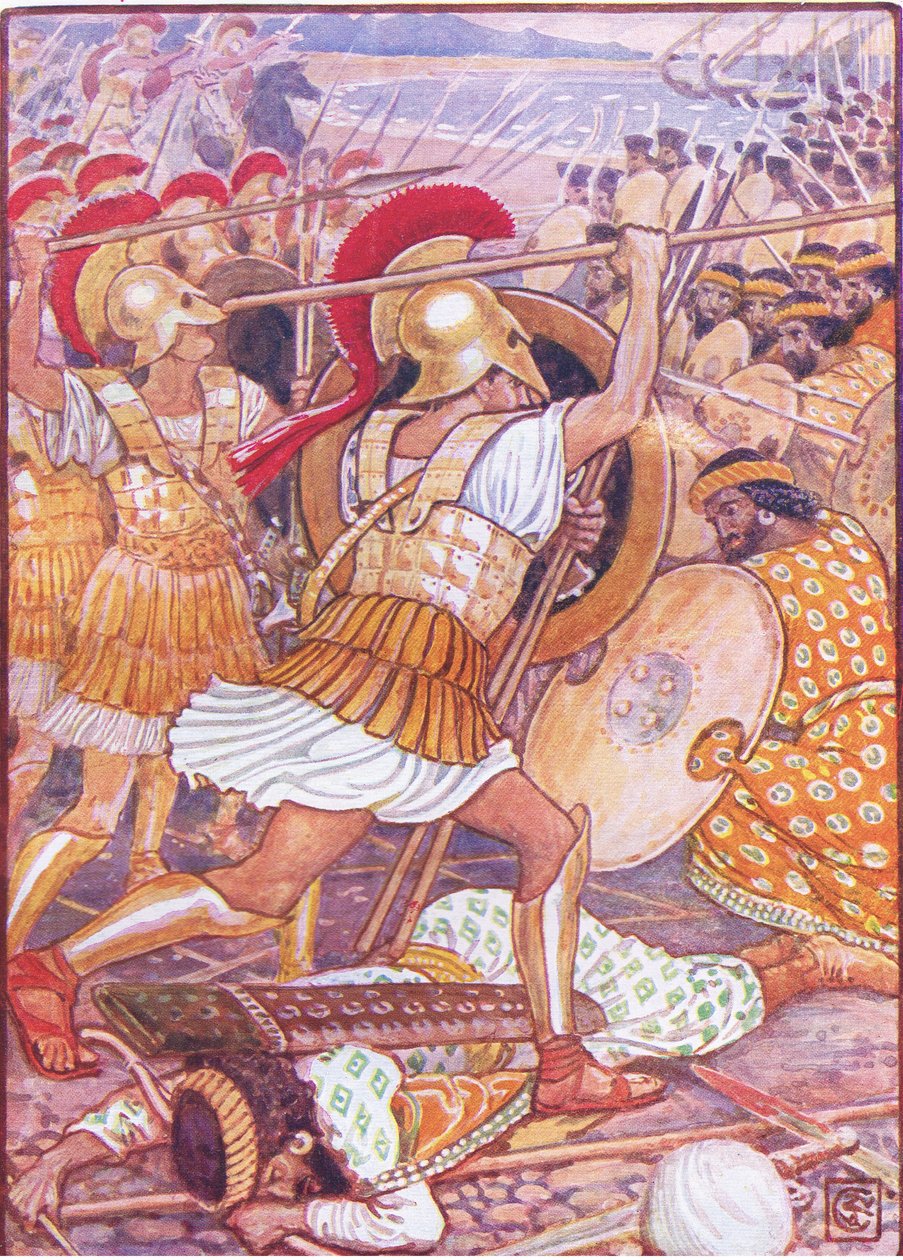 Eles caíram no exército persa com uma força tremenda, ilustração da história da Grécia de 1930 de Walter Crane