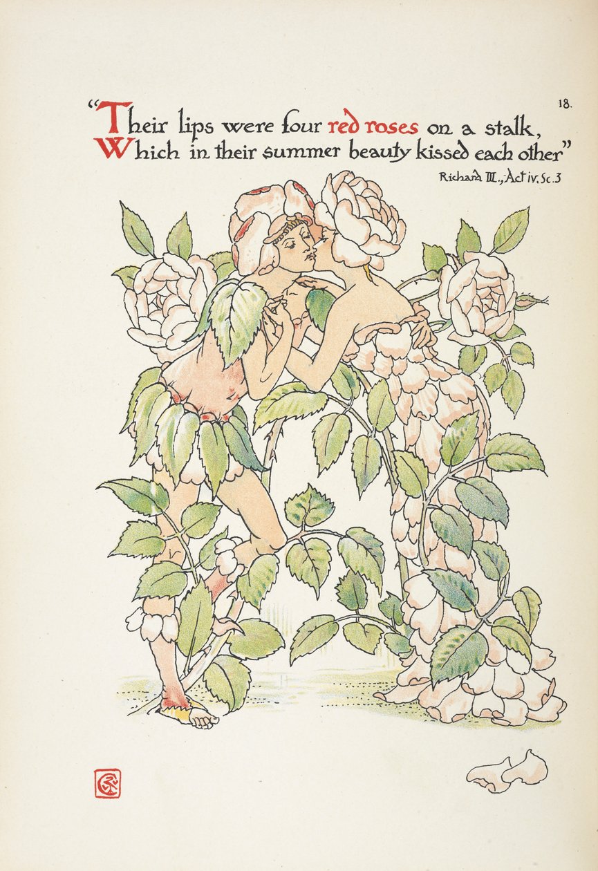 Duas figuras a beijarem-se vestidas de rosas de Walter Crane