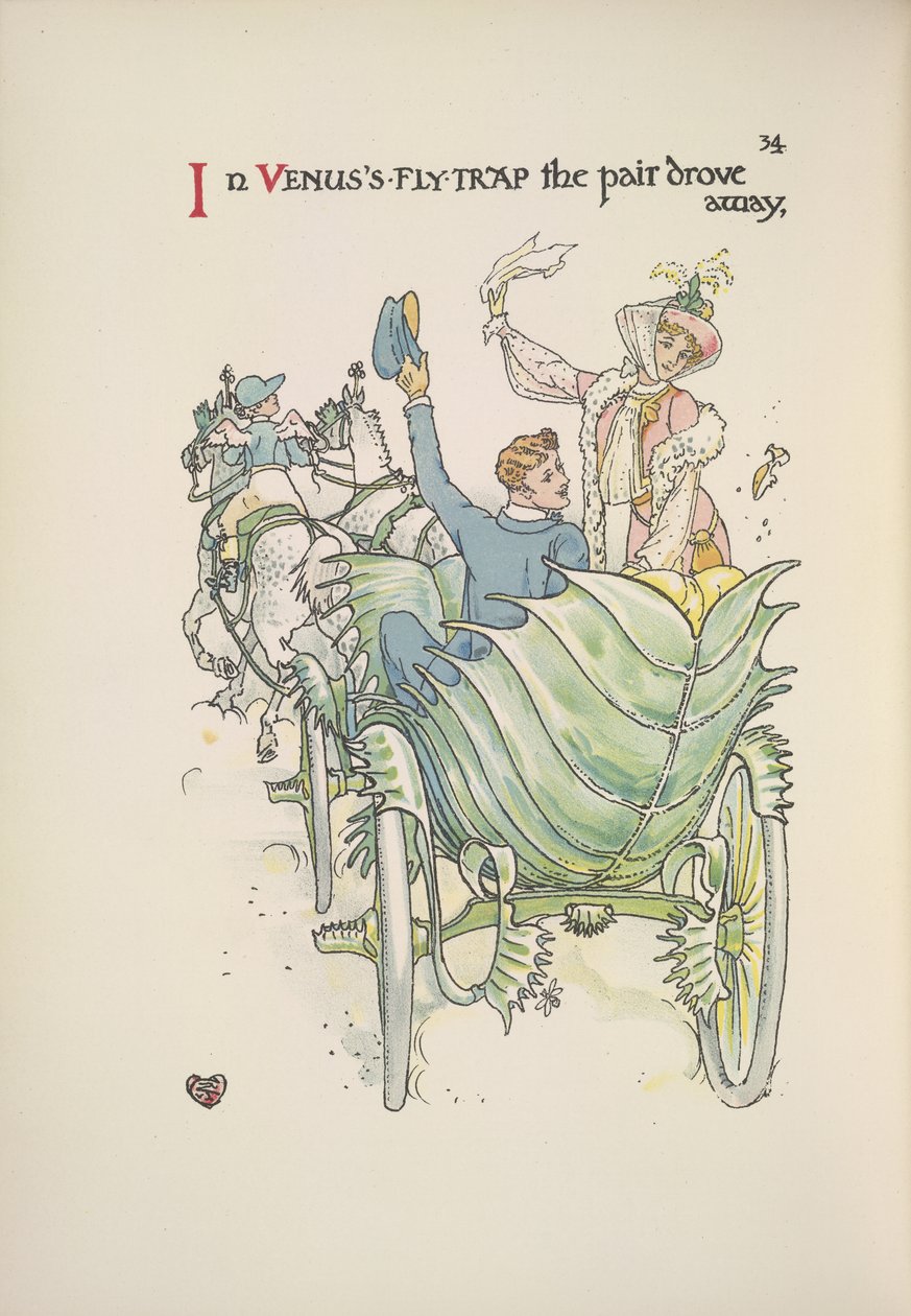 A armadilha de mosca de Vénus. Um casal que viaja a cavalo e carruagem de Walter Crane