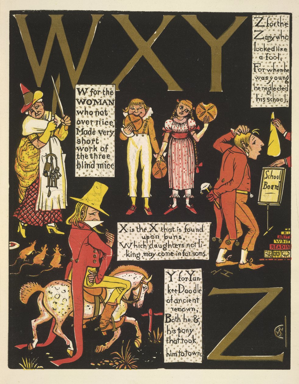 WXYZ- W para a mulher que não era demasiado simpática; X é o X que se encontra nos pãezinhos; Y para o yankee doodle; e Z para o zany que parecia um idiota de Walter Crane