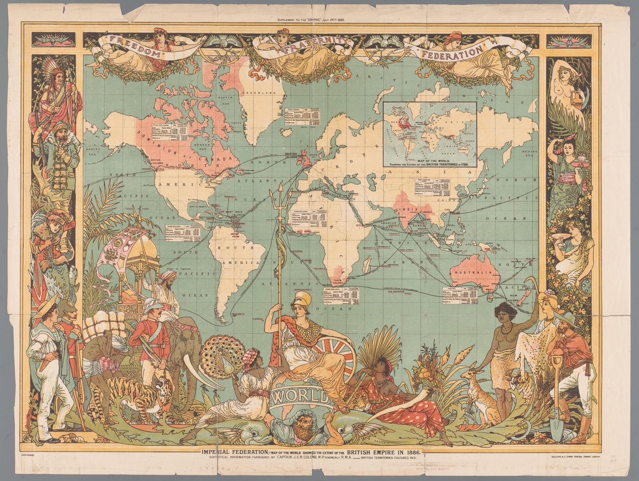 Wereldkaart met het koloniale Britse Rijk, 1886
Federação Imperial, mapa do mundo mostrando a extensão do Império Britânico em 1886 (título sobre o objecto) de Walter Crane