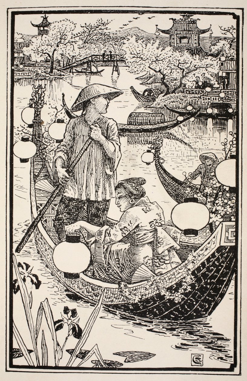 Quando a noite chegou, eles entraram novamente em seu barco, fazendo-o florescer da proa à popa, ilustração de "Folk and Fairy Tales" de Mrs. Burton Harrison, 1885 de Walter Crane