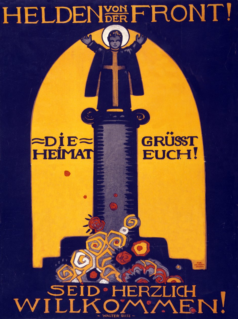 Poster alemão de WWI Heróis da parte dianteira, a pátria cumprimenta-o! Bem-vindo pub. 1915 (cor ithograph) de Walter Ditz