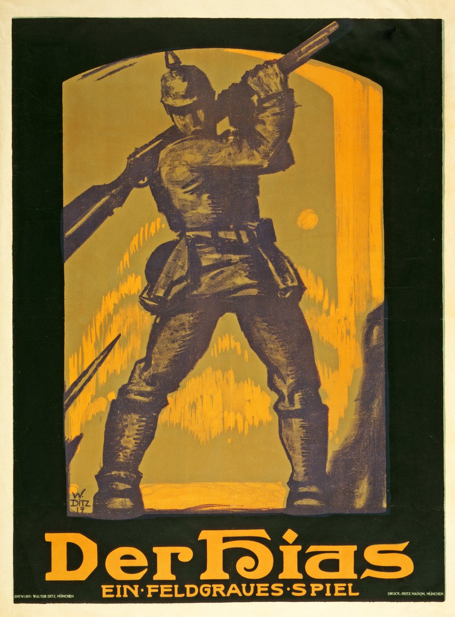Cartaz publicitando uma peça The Hias, um jogo cinza-claro de Heinrich Gilardone, publicado em 1917 de Walter Ditz